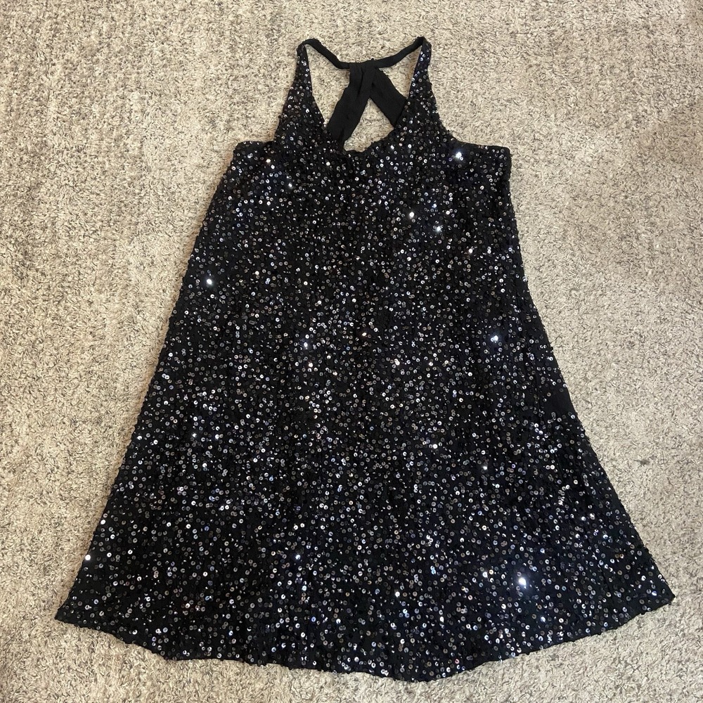 Eileen Fisher Women's XS Black Encrusted Silk Sequin Sparkle racerback Dress